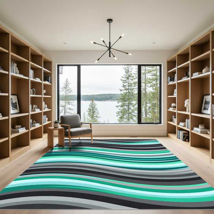 Modern Teal Gray Abstract Wavy Rug