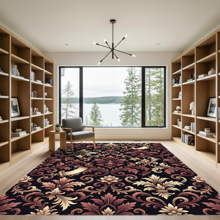 Elegant Burgundy Gold Scrollwork Rug