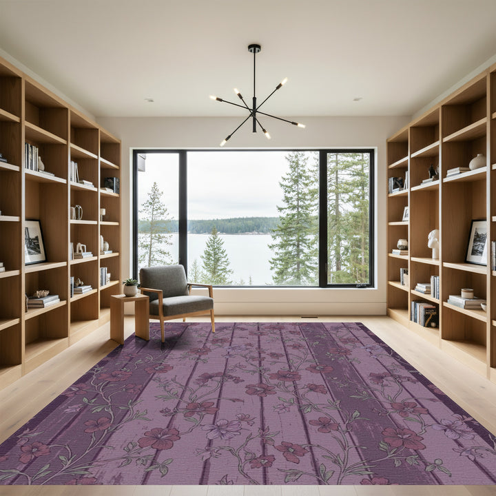 Mauve Floral Vine Wood Grain Rug
