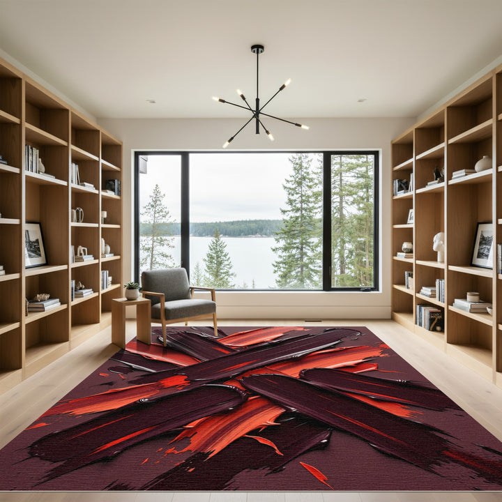 Bold Crimson Abstract Brushstroke Rug