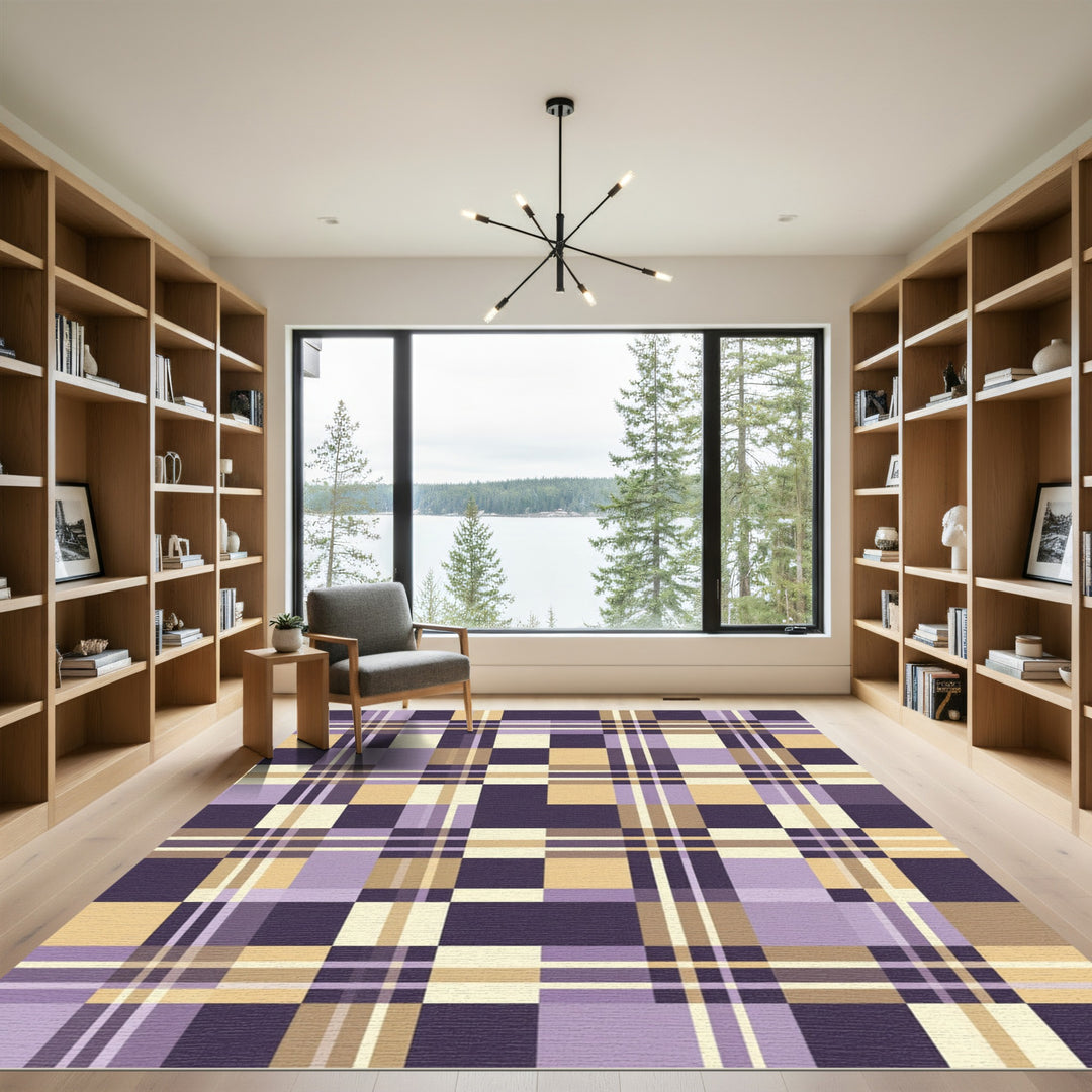 Purple Gold Beige Plaid Squares Rug