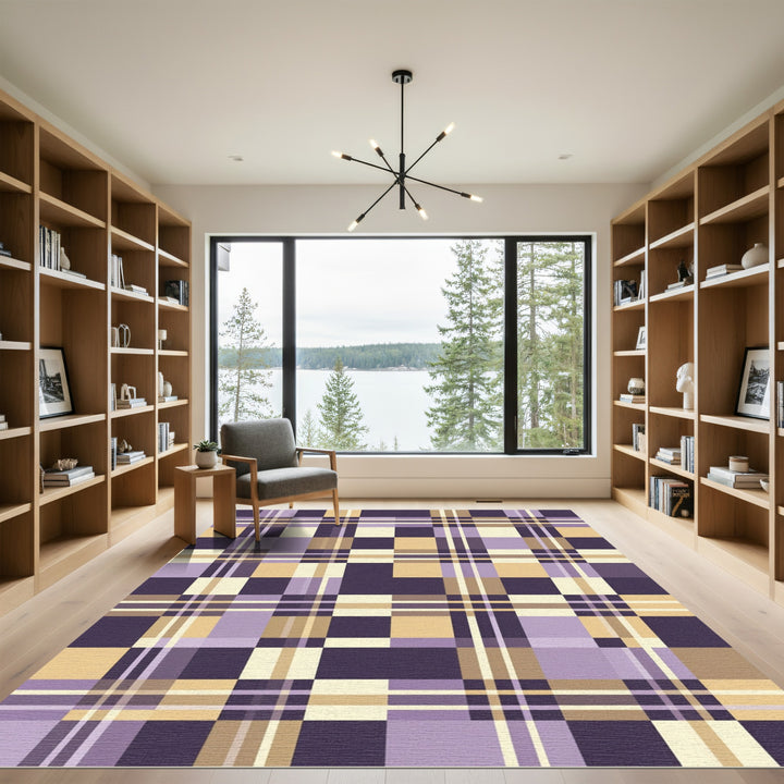 Purple Gold Beige Plaid Squares Rug