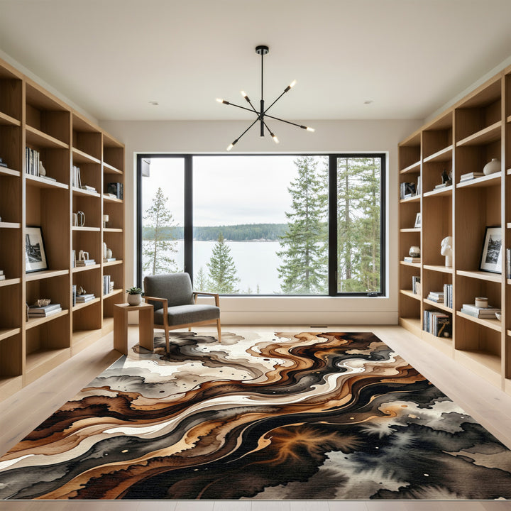 Rich Sepia Abstract Flow Rug
