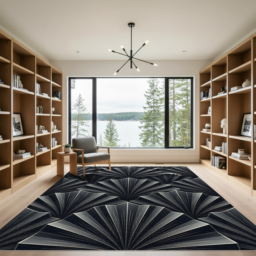 Art Deco Black Fan Waves Rug