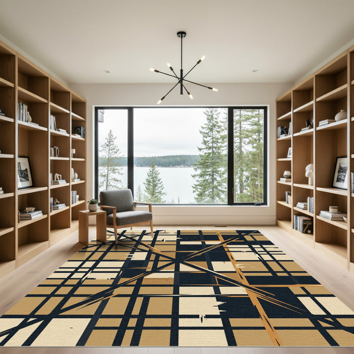 Golden Brown Abstract Grid Design Rug