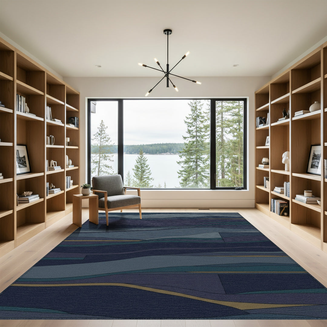 Deep Blue Wavy Contemporary Landscape Rug