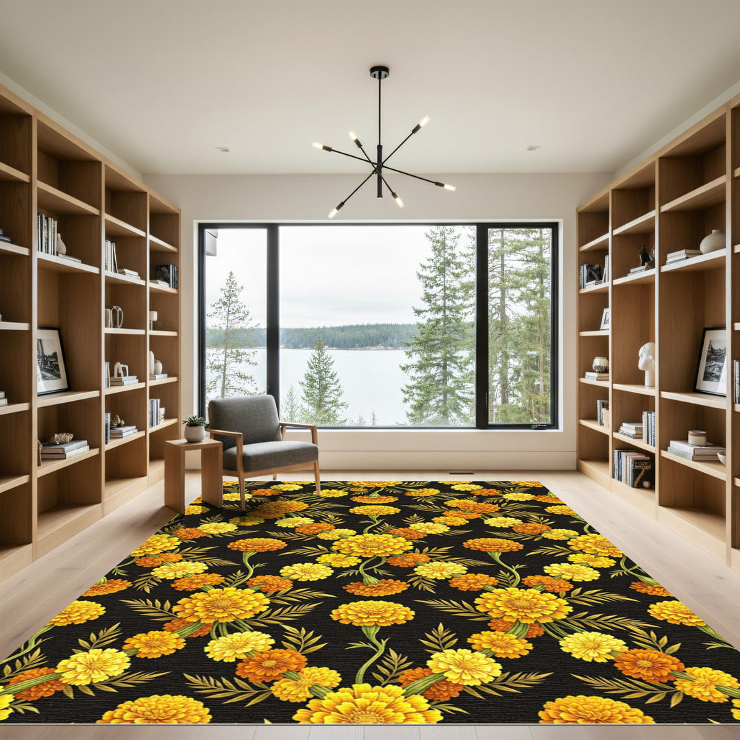 Vibrant Golden Marigold Flower Pattern Rug