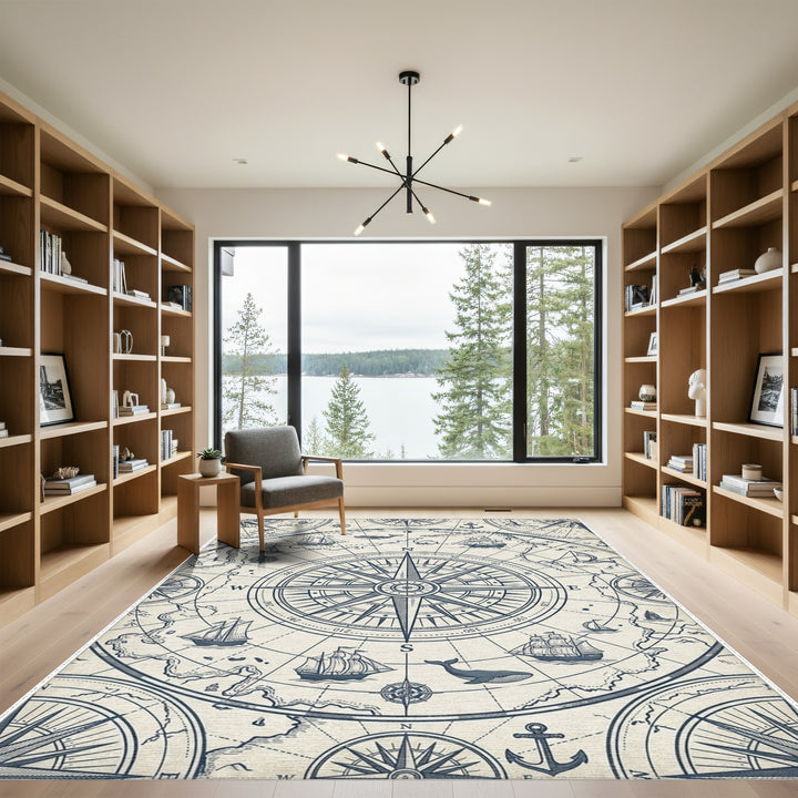 Nautical Compass Ship Whale Map Rug