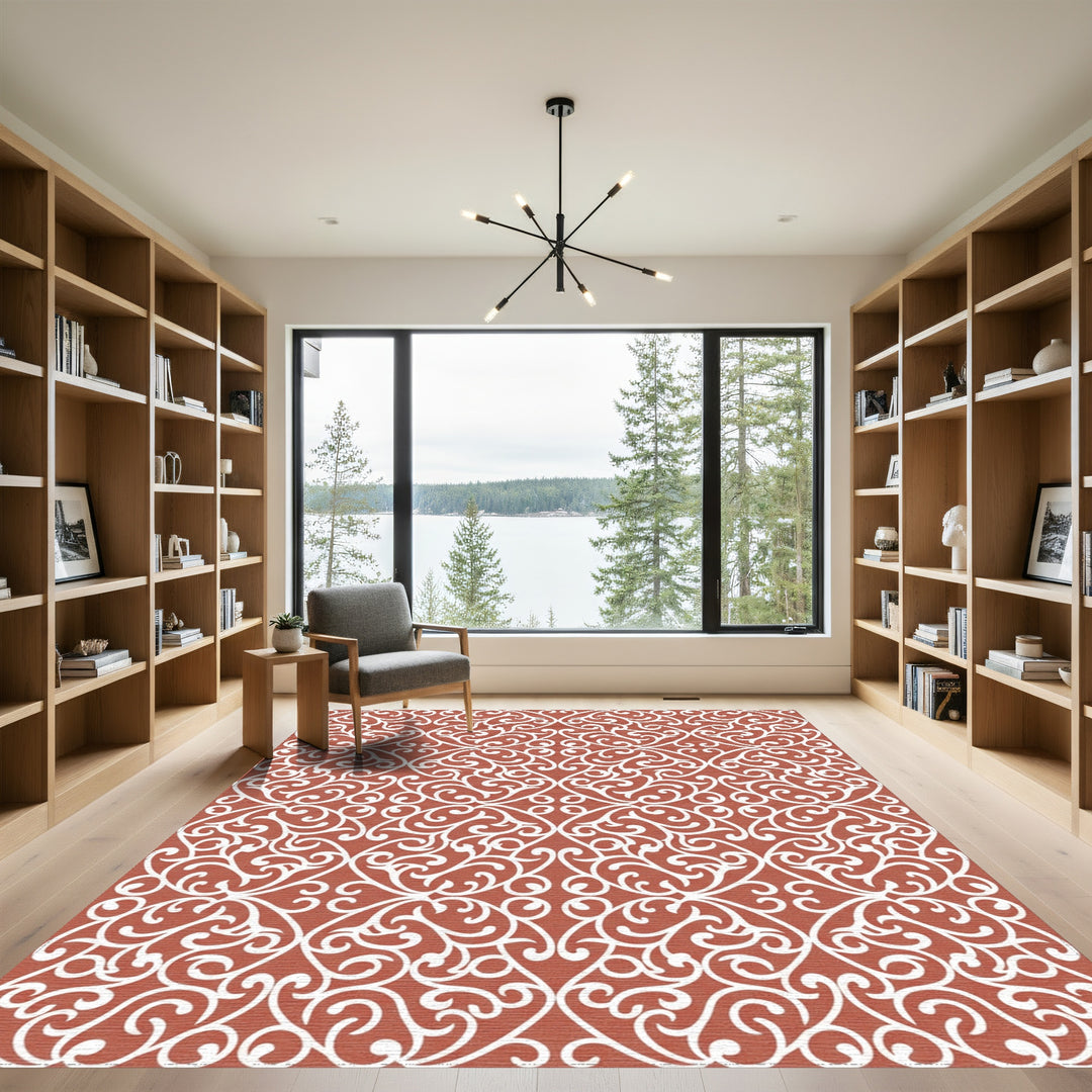 Terracotta White Intricate Swirl Arabesque Rug