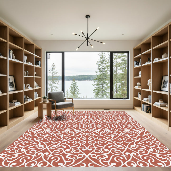 Terracotta White Intricate Swirl Arabesque Rug