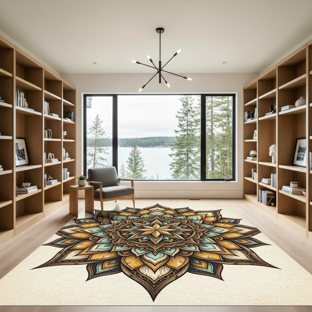 Ornate Golden Teal Mandala Rug