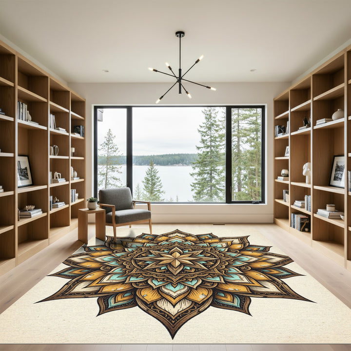 Ornate Golden Teal Mandala Rug