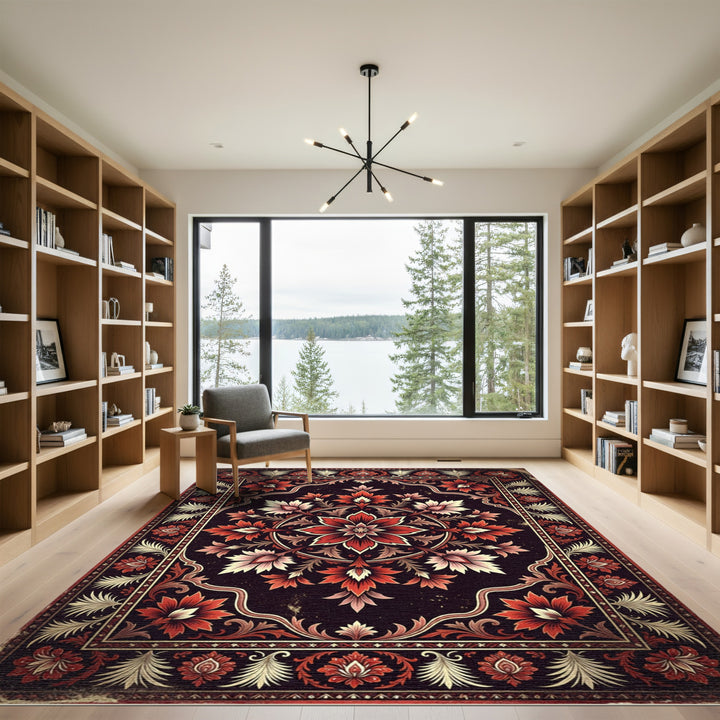 Elaborate Red Golden Floral Rug