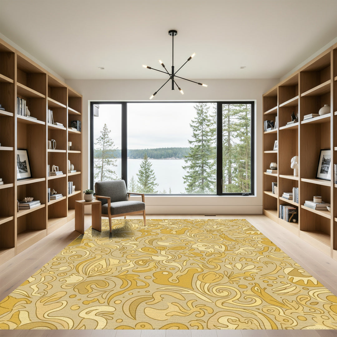 Golden Floral Swirls Abstract Rug