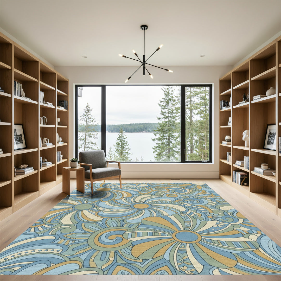 Earthy Blue Tan Floral Swirls Rug