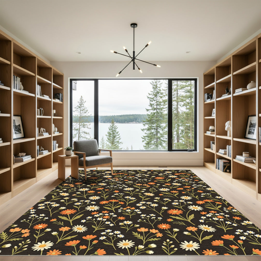 Dark Floral Garden Daisy Arrangement Rug