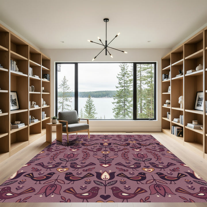 Muted Plum Folk Birds Heart Floral Rug