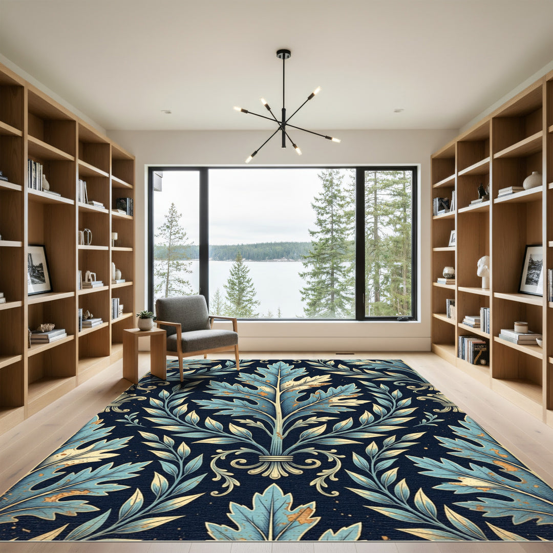 Ornate Blue Golden Leaf Acanthus Rug
