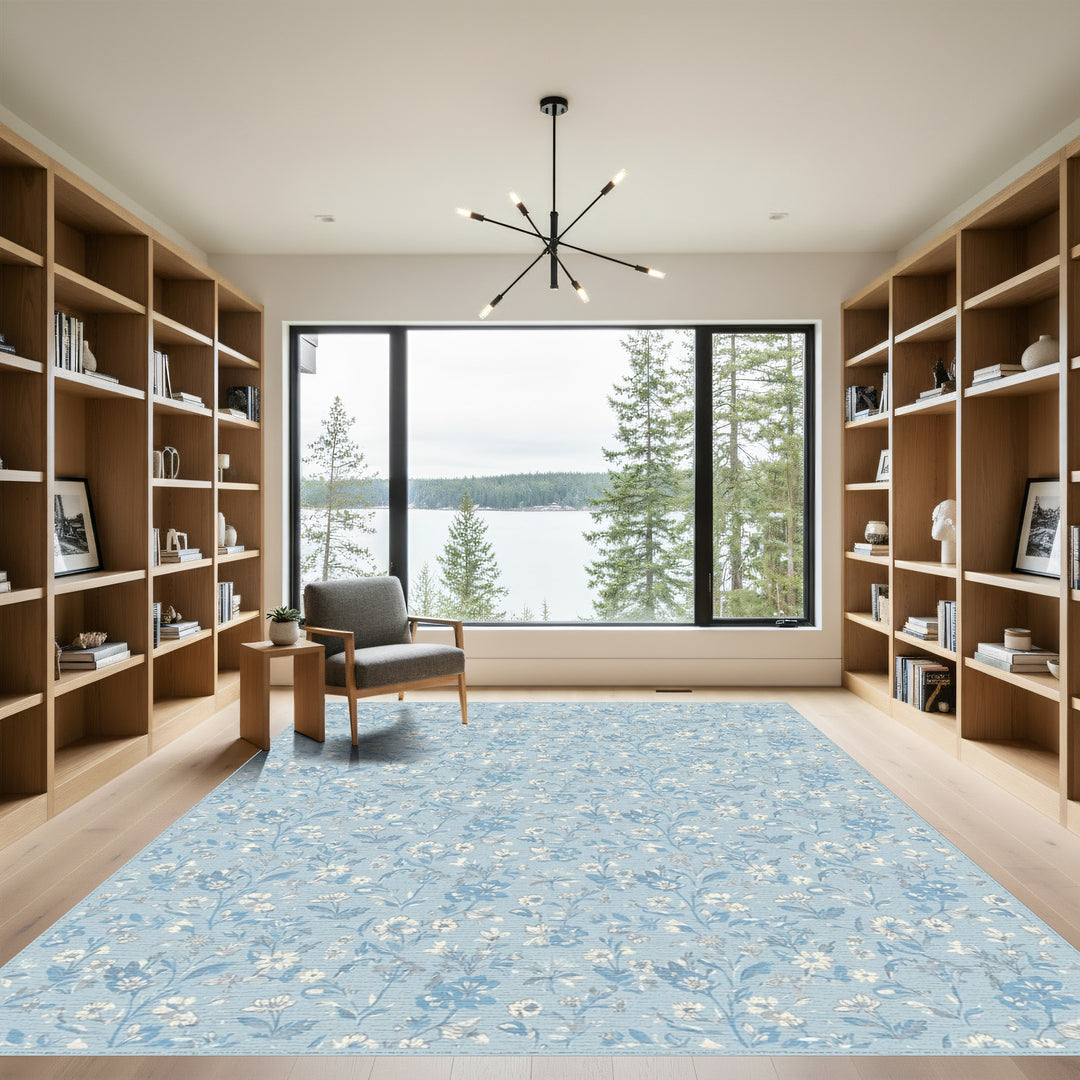 Sky Blue Floral Meadow Garden Rug