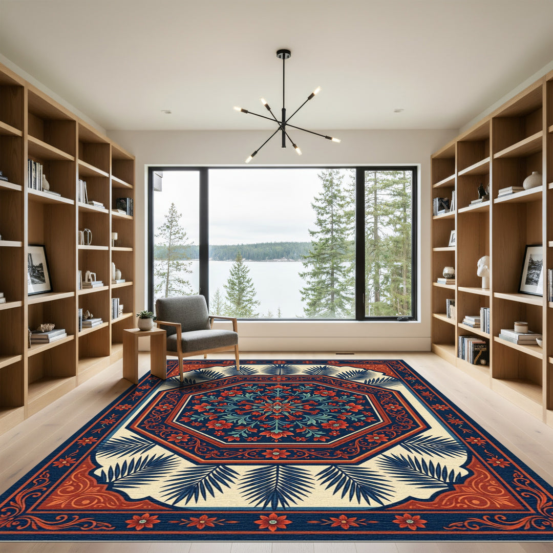 Rich Red Floral Octagon Navy Rug