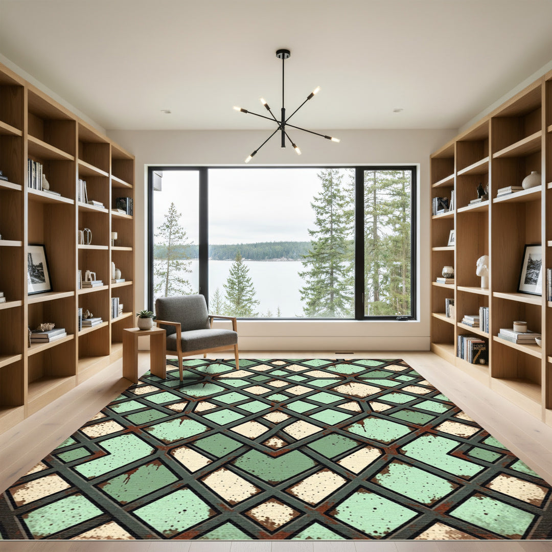Distressed Teal Diamond Lattice Rug