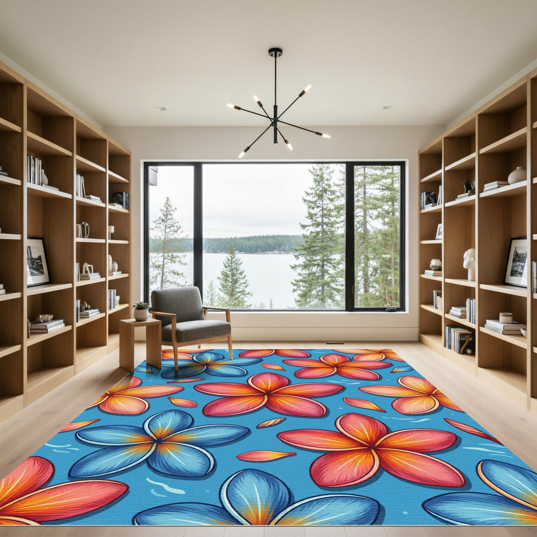 Vibrant Blue Pink Plumeria Flower Rug