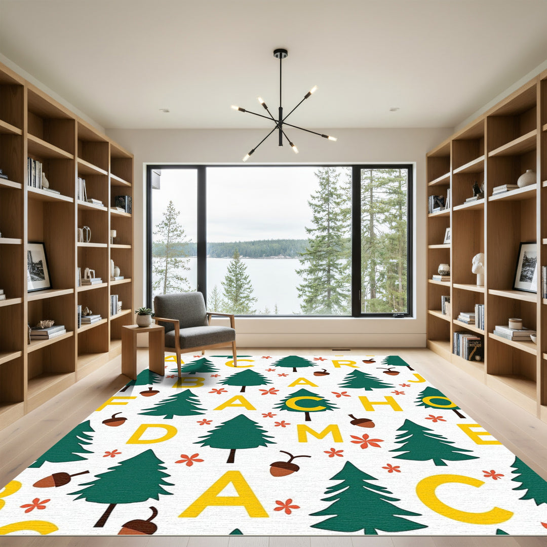 Green Forest Alphabet Acorn Blooms Pattern Rug