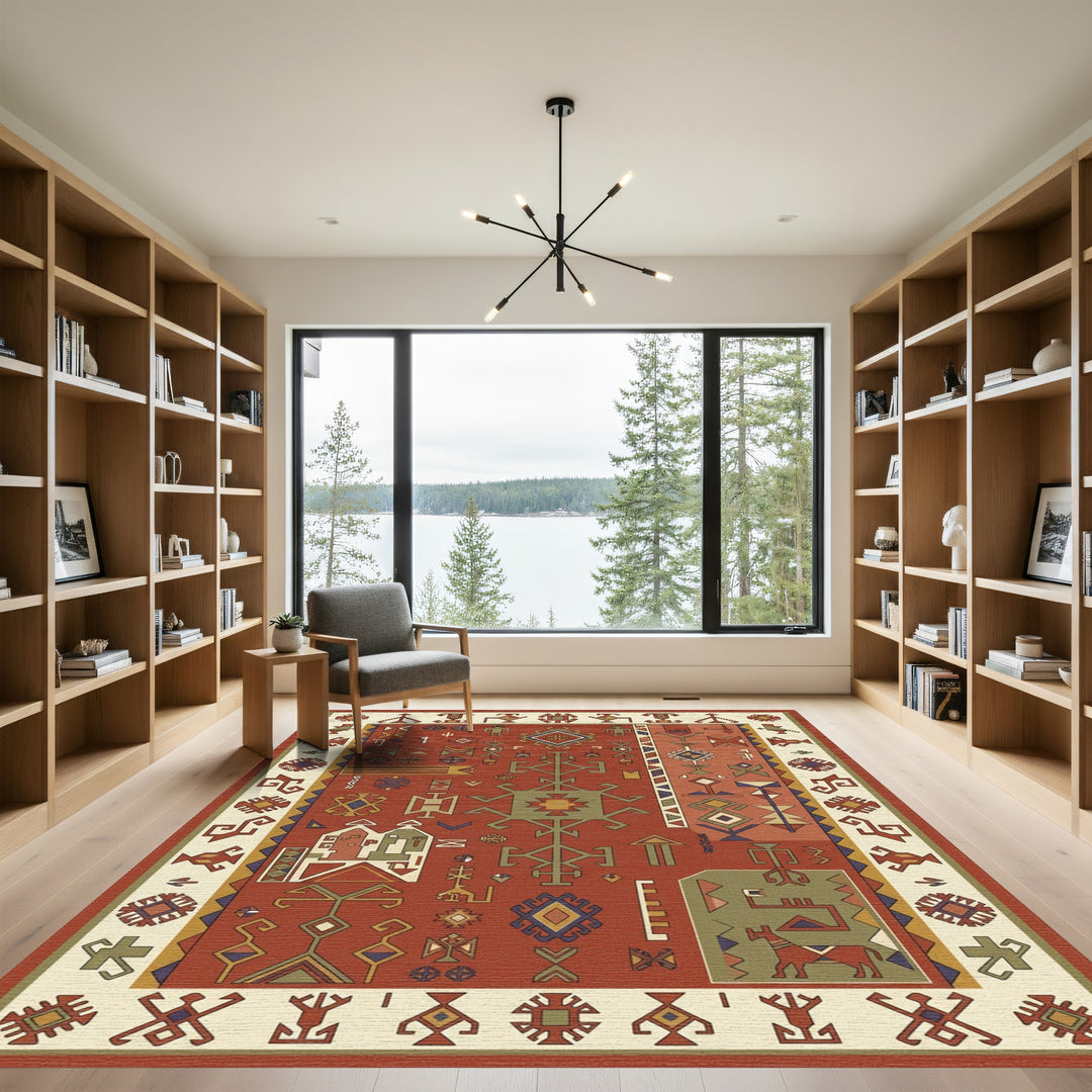 Rustic Red Geometric Cultural Allegory Rug