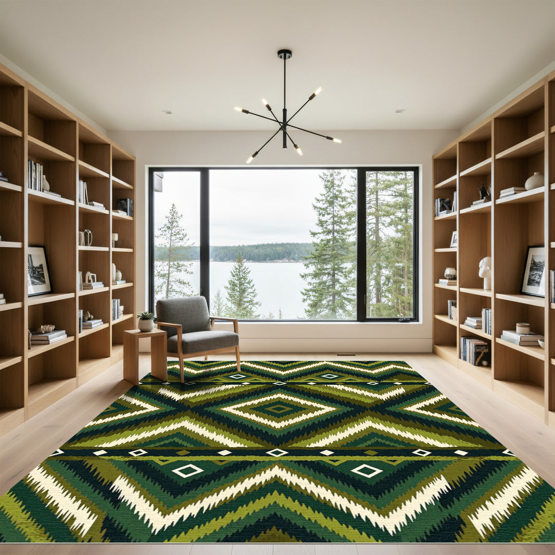 Green Zigzag Diamond Tribal Rug