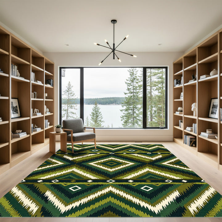 Green Zigzag Diamond Tribal Rug