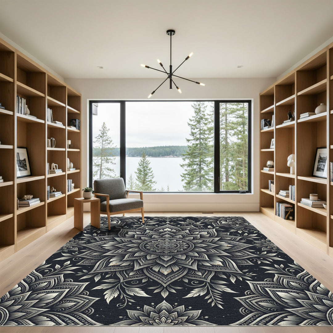 Ornate Black and White Mandala Blooms Rug