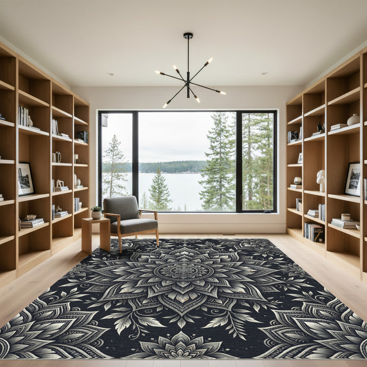 Ornate Black and White Mandala Blooms Rug
