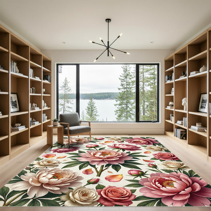 Blush Pink Peony Rose Garden Rug