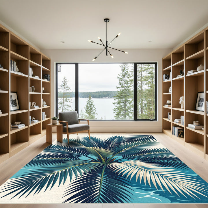 Deep Blue Palm Fronds Tropical Beach Rug