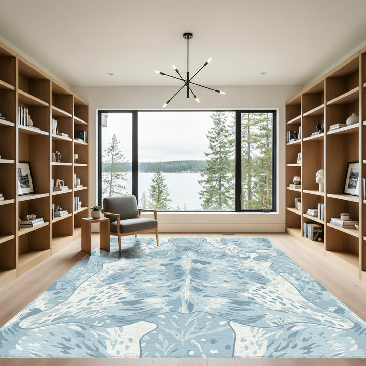 Blue White Watercolor Foliage Medallion Rug