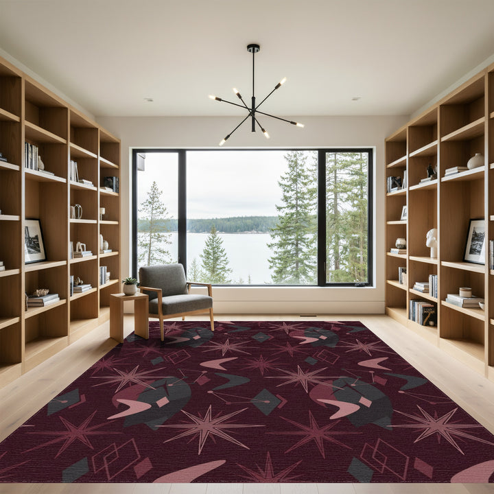 Crimson Starburst Atomic Boomerang Shapes Rug
