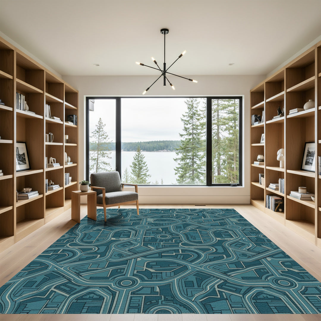 Urban Teal Cityscape Highway Maze Rug