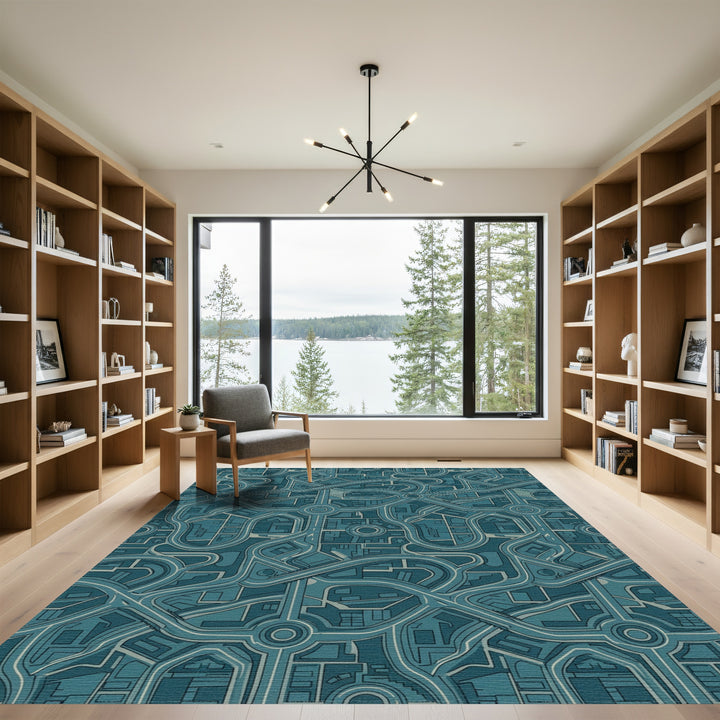 Urban Teal Cityscape Highway Maze Rug