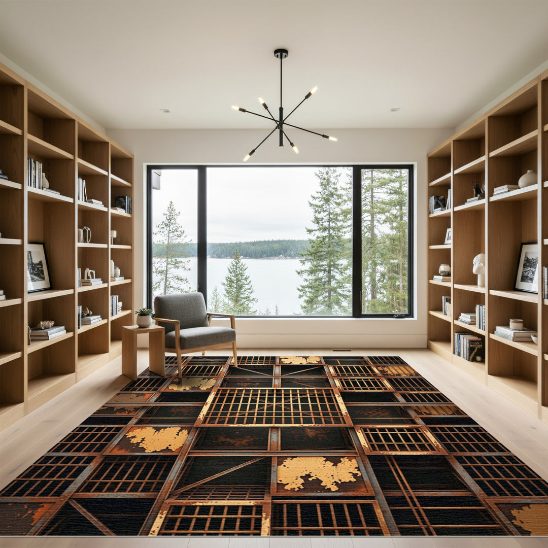 Industrial Rusted Metal Grid Blocks Rug