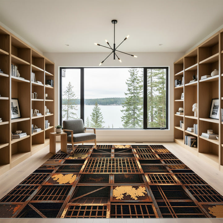 Industrial Rusted Metal Grid Blocks Rug
