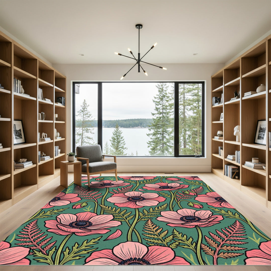 Pink Anemone Floral Vine Art Nouveau Rug