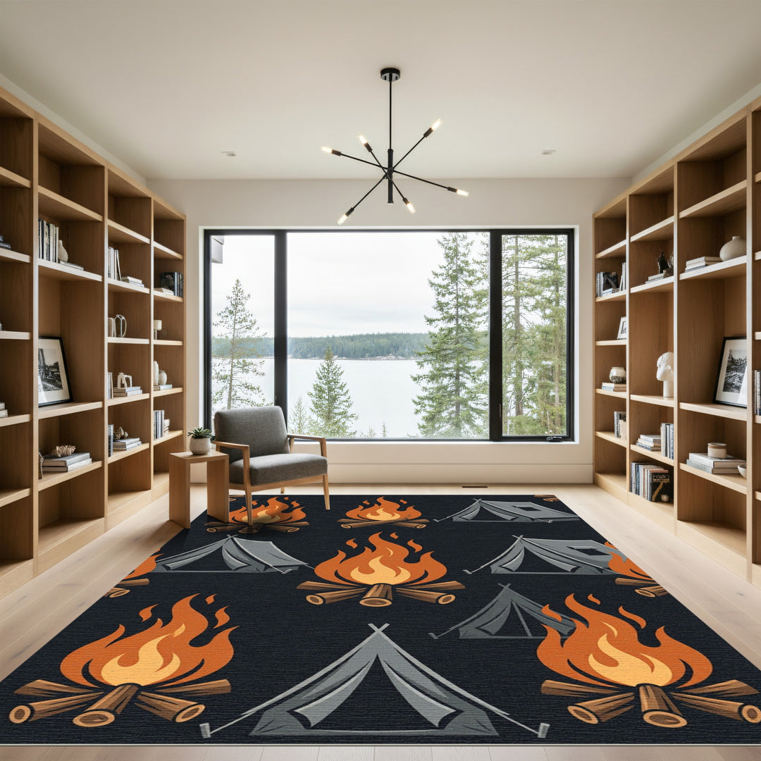 Camping Fire And Tent Dark Rug