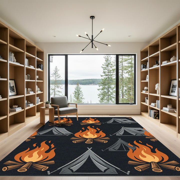 Camping Fire And Tent Dark Rug