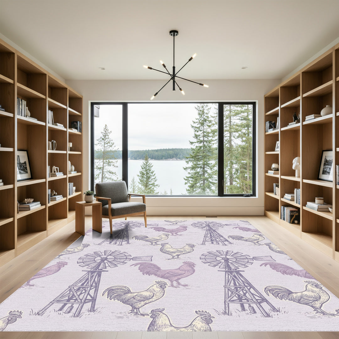 Farmhouse Lilac Rooster Windmill Illustration Rug