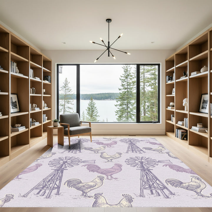 Farmhouse Lilac Rooster Windmill Illustration Rug