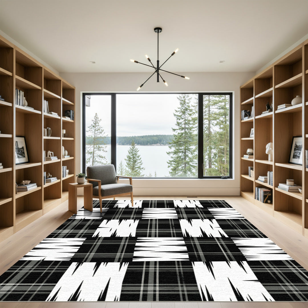 Black White Plaid Patchwork Contemporary Rug