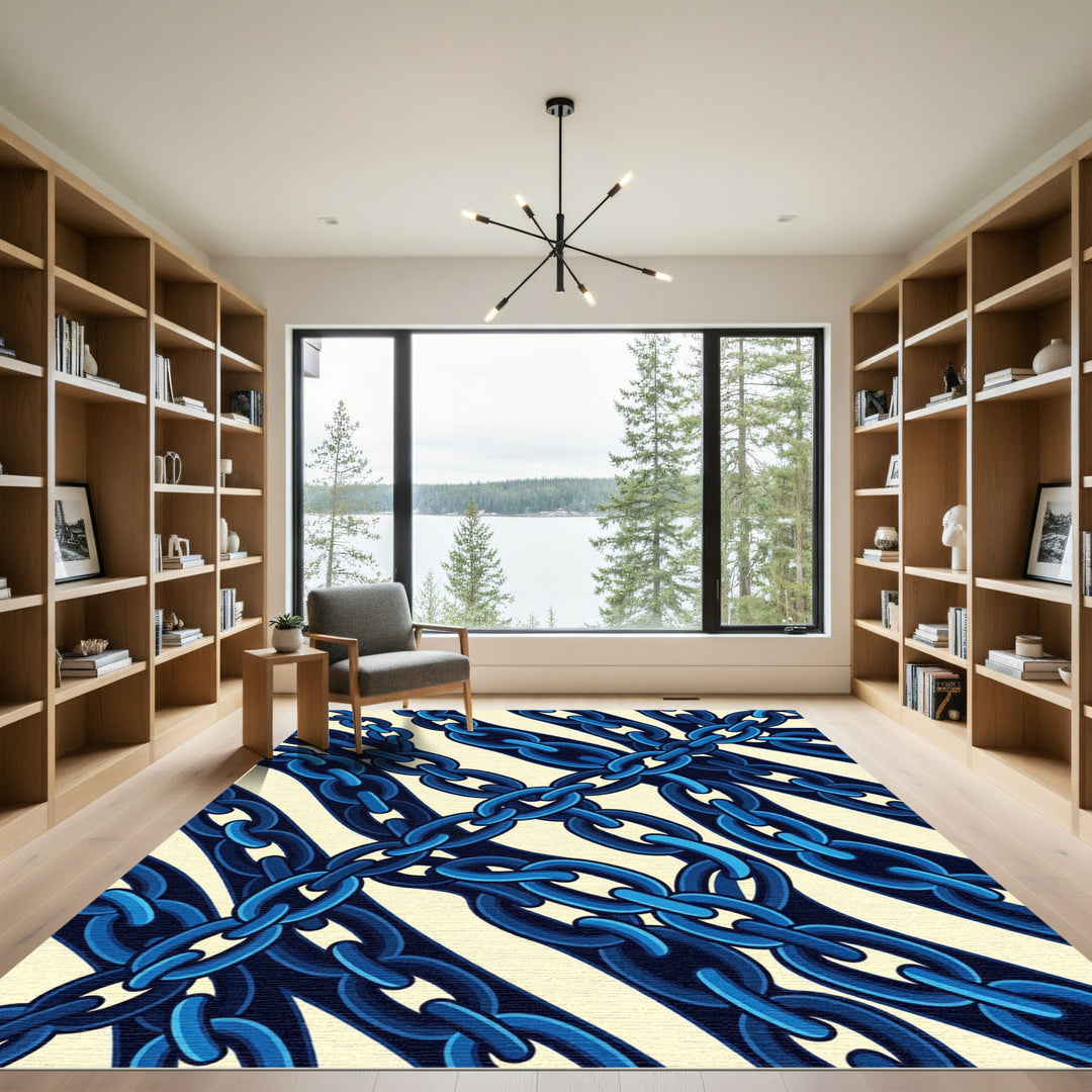 Dark Blue Interlocking Chain Tapestry Rug