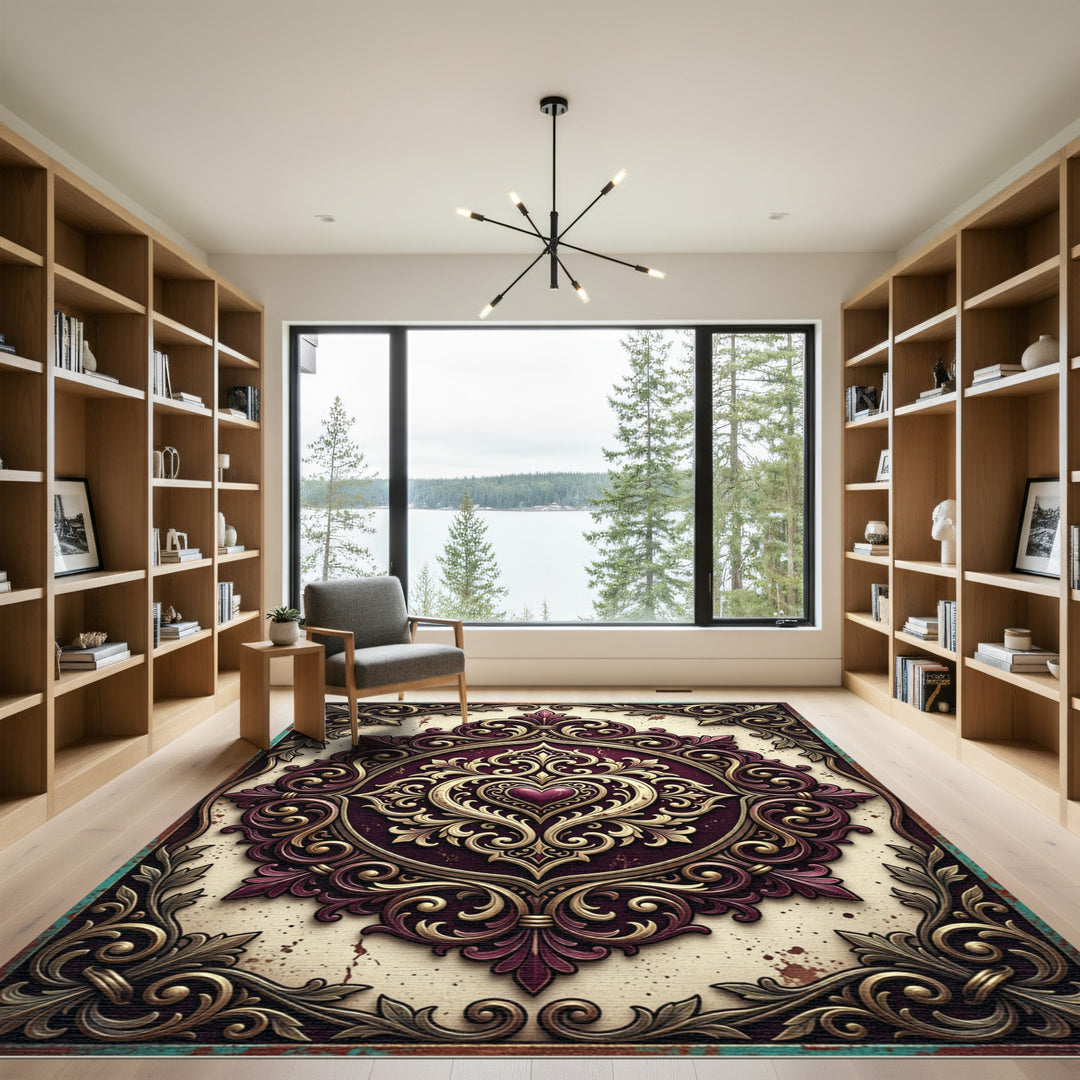 Ornate Gold Heart Damask Area Rug