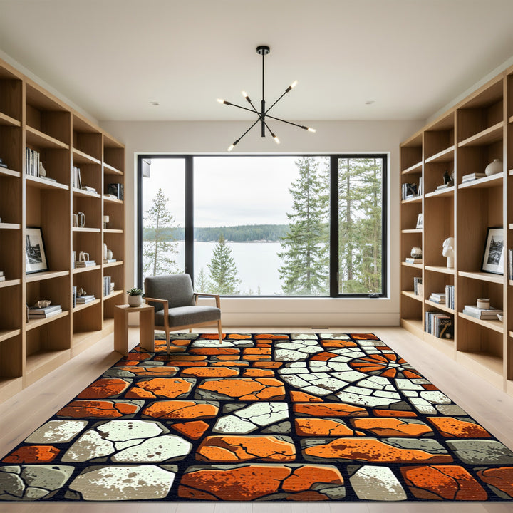 Orange White Stone Mosaic Medallion Rug