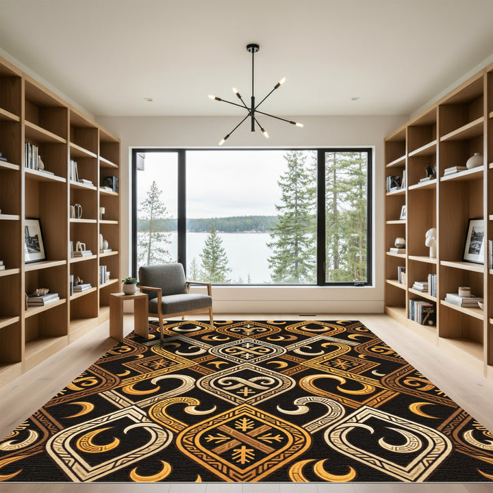 Tribal Black Gold Ram Crescent Rug